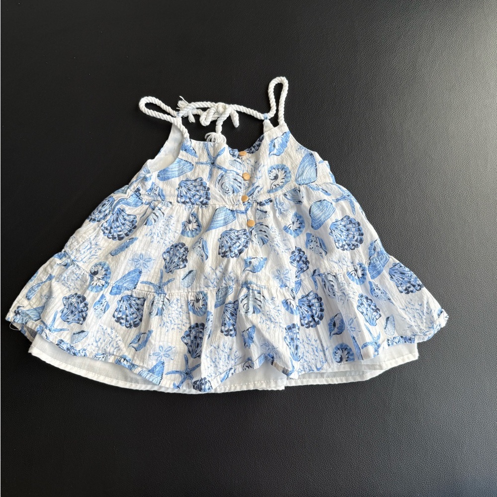 Calypso St. Barth Blue and White Seashell Girl’s Tiered Dress Lined Wood Buttons
